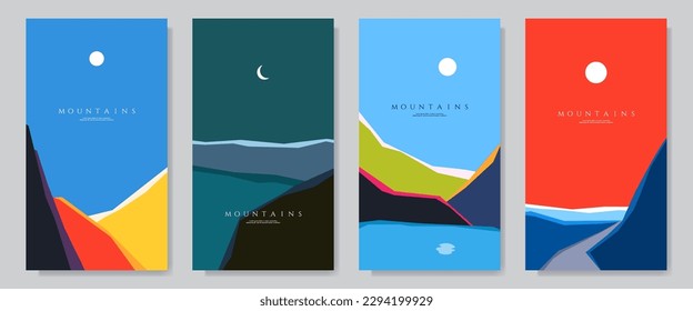 Vector illustration. Minimalistic geometric landscapes set. Mid century modern graphic. Mountains, night scene, green hills, path by rocks. Design elements for phone wallpaper, leaflet, voucher