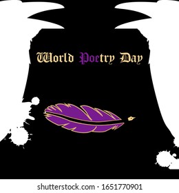 Vector illustration minimalistic gothic concept  for world poetry day with white crows, ink splashes and old pen isolated on black background. 