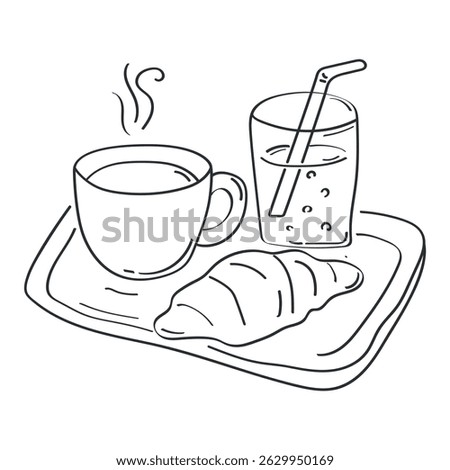 Vector illustration in minimalistic hand-drawn style with cozy breakfast tray. Perfect for illustrating morning rituals, breakfast menu, cafes, food blogs and lifestyle content