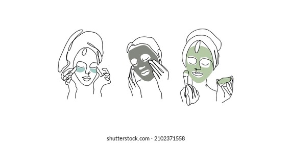 ilustración vectorial. ilustraciones minimalistas. Una línea. Arte lineal. Símbolos. Iconos.Gráficos de dibujos a mano.Las mujeres hermosas hacen máscaras faciales. Cosméticos faciales. Tratamientos De Spa. Cosméticos naturales