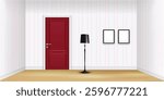 Vector illustration of a minimalistic interior with a red door, wooden flooring, and a modern floor lamp.