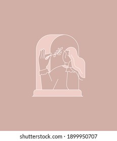 Vector illustration in minimalistic linear style. The girl sits in the window and dreams, holding a flower in her hand. Delicate logo for womens business. Cartoon character. Abstract portrait 