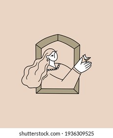 Ilustración vectorial en un estilo lineal mínimo. La niña se sienta en la ventana y sueña, sosteniendo una flor en el cucarco. Delicado logo para los negocios de las mujeres. Caricatura.  Retrato de mujer abstracta. 