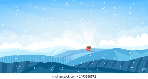 Vector illustration. Minimalistic polygonal landscape. Lonely house in the field. Winter concept. Snowfall. The slopes are covered with snow. Flat style.