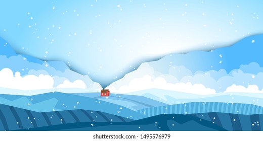 Vector illustration. Minimalistic polygonal landscape. Lonely house in the field. Winter concept. Snowfall. The slopes are covered with snow. Flat style.