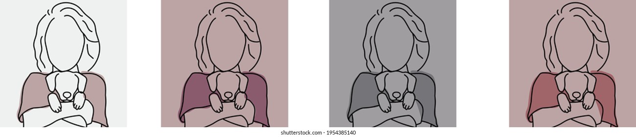 Vector illustration - a minimalistic portrait of a girl with a puppy. Lines are drawn by hand