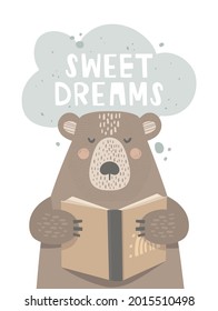 Vector illustration in minimalistic Scandinavian style. Design of a poster for a nursery, postcard, print. Bear with a book. Handwritten lettering "sweet dreams". Cloud, abstract dots. Bedtime stories