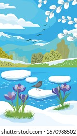 Vector illustration of a minimalistic spring background in azure tones. Willow, rooks, spring ice drift. Postcard with the image of a spring Sunny landscape.