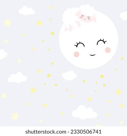 Vector Illustration in Minimalistic style. Baby Boy Bedroom in Scandinavian style. Kute Kawaii Sheep sleeping on moon. Good night and Sweet Dreams. Stars, clouds, blue background for babies.