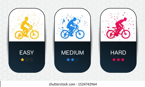 Vector illustration. Minimalistic template with cyclist silhouettes at different speeds. Difficulty levels with stars. Splash of colors. Abstract background. Design game or price table