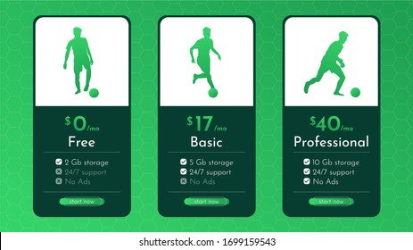 Vector illustration. Minimalistic template with footballer silhouettes at different poses. Difficulty levels. Abstract background. Design game or price table. Futuristic concept. Gradient green color 