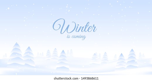 Vector illustration  Minimalistic winter landscape in 3D style  Gradient fill background  Fir trees in the field  Light wallpaper  Snowfall