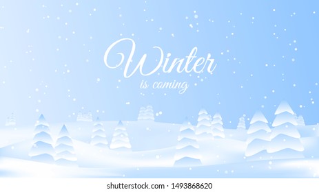 Vector illustration. Minimalistic winter landscape in 3D style. Gradient fill background. Fir trees in the field. Light wallpaper. Snowfall