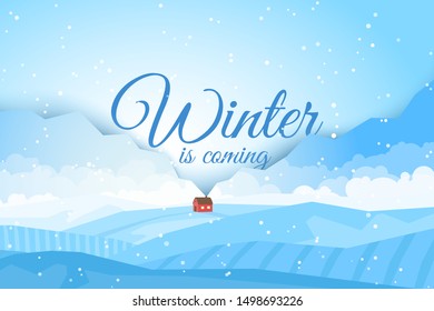 Vector illustration. Minimalistic winter landscape. Polygonal concept. Creative idea. Smoke from the chimney of the house. The only house in the valley. Snowdrifts. Snowfall. Template for web page