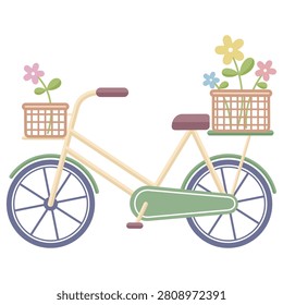 Vector illustration of a minimalist-style bicycle with two baskets and flowers inside.