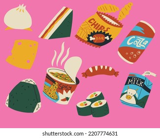 Vector Illustration of Minimarket Food and Snack Set, Fit For Pattern and Sticker