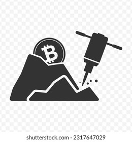 Vector illustration of mining bitcoins icon in dark color and transparent background(PNG).