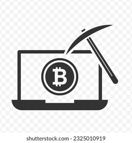 Vector illustration of mining bitcoins on laptop icon in dark color and transparent background(PNG).