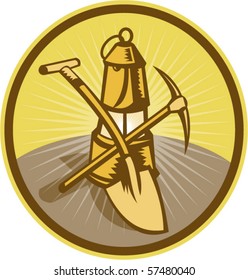 Vector Illustration Of A Mining Or Miner's Lamp With Shovel And Pick Axe