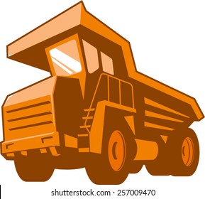 vector illustration of a mining truck viewed from a low angledone in  retro style on isolated white background