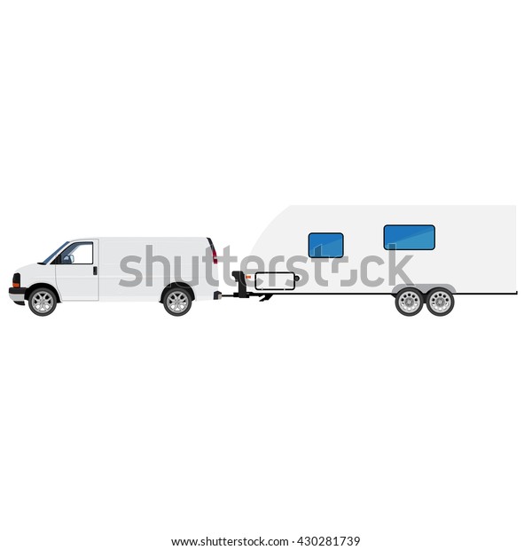 Vector illustration minivan, van, car with\
trailer camper. rv camper trailer icon. Modern realistic caravan.\
Recreational vehicle