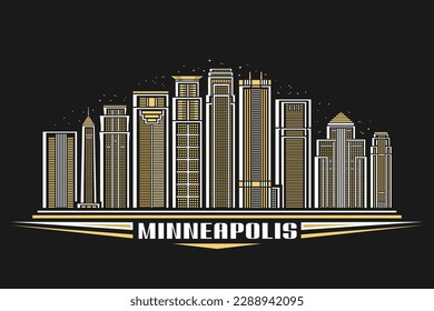 Vector illustration of Minneapolis, dark horizontal poster with linear design minneapolis city scape on dusk sky background, american urban line art concept with decorative letter for text minneapolis