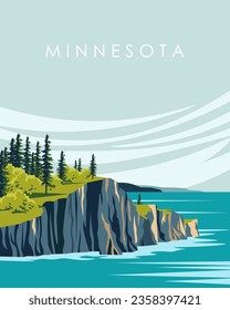 Vector illustration Minnesota North Shore of Lake Superior. Design for poster, travel postcard, cover. Tourism, travel.