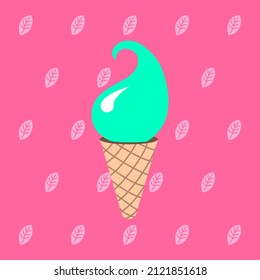 Vector illustration of a mint ice cream on a leaf background. Tasty, sweet summer dessert. It is suitable for use for postcards, gifts, websites, social media, cafe menu, restaurant, bar, shops.
