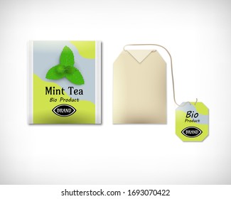 Vector illustration. Mint Tea Bag with Label. Sign Bio Product. Brand place.  Mock up for different designs.