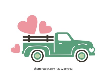 Vector illustration of a mint vintage truck with pink hearts isolated on a white background.
Clipart for Valentine's day and wedding.