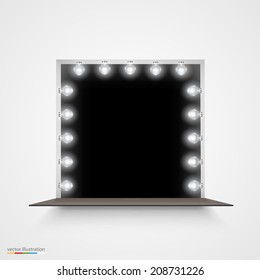 Vector Illustration of mirror with bulbs for makeup. Background Frame.