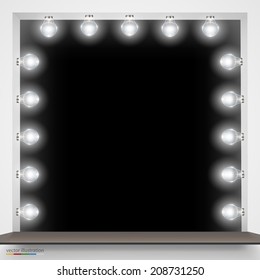 Vector Illustration of mirror with bulbs for makeup. Background Frame.