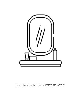 Vector illustration of a mirror and cosmetics in a outline style on a white background.