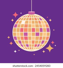 Ilustración vectorial de bola de disco brillante espejo con estrellas. Concepto de club nocturno de fiesta en estilo plano.