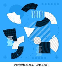 Vector illustration of miscellaneous geometric shapes on light blue background. Icons of striped square, circle and its parts with different patterns