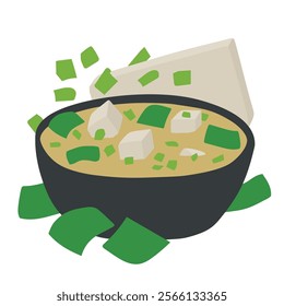 A Vector Illustration of Miso Soup in a Black Bowl with Tofu, Wakame Seaweed, and Spring Onions