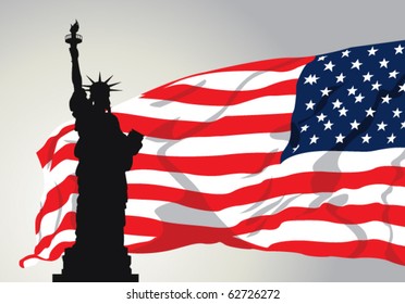 Vector Illustration of Miss Liberty with American Flag.