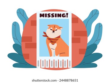 Vector illustration of a Missing dog poster with a cartoon dog, on a red and blue background, concept of lost pet