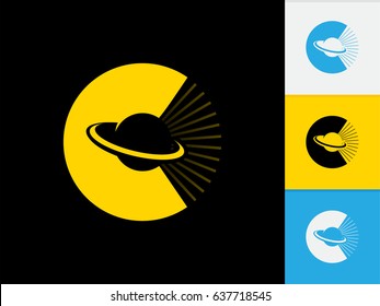 Vector illustration of a mission of Cassini and her exploration of Saturn, or a planet surrounded by a ring of matter, like our Saturn. Logo for the letter C