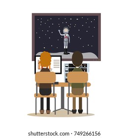Vector illustration of mission control center personnel monitoring space flight of astronaut. Space exploration concept. Space people flat style design element, icon isolated on white background.