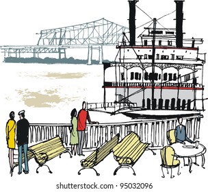 Vector illustration of Mississipi paddle steamer and tourists