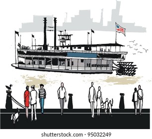 Vector illustration of Mississippi paddle steamer with people on wharf