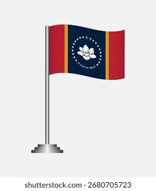 Ilustração vetorial da bandeira do estado do Mississippi acenando em um mastro, isolado sobre fundo branco. Perfeito para projetos de design, educacionais e patrióticos.