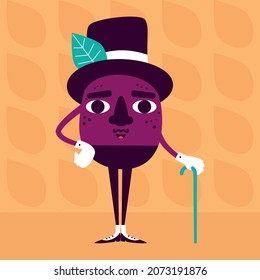 Ilustración vectorial. Señor ciruela con una caña y un sombrero. Carácter del libro, juego, impresión para niños.