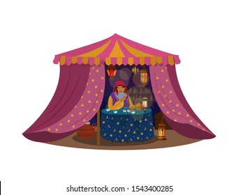 Vector illustration of misterious fortune teller's tent. Prophetess with toro cards sitting at the table with lantern and candles in her tent. Flat cartoon.