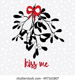 Vector illustration of mistletoe with bow and snowflakes