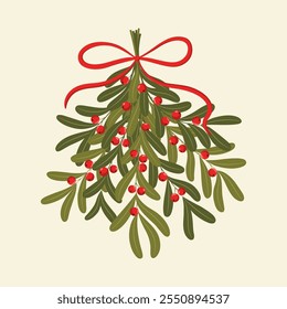 Vector illustration with mistletoe branches, berries and red bow on a light background.