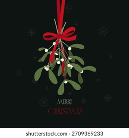 Vector illustration of mistletoe tied with a red ribbon. Perfect for holiday cards, invitations, winter decor, seasonal posters, and festive graphic design projects.