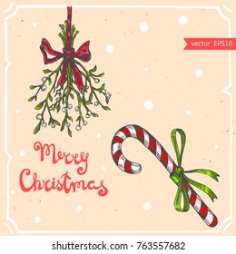 Vector illustration of a mistletoe twig with bow, candy cane, text Merry Christmas on the background with abstract paper texture. Mistletoe branch sketch. Linear art in vintage style for your design.