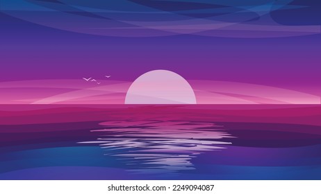 Ilustración de vectores con puesta de sol rosa de noche y reflexión sobre el agua